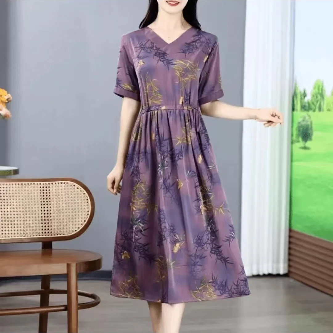 【紫荆花】气质轻奢连衣裙春夏收腰显瘦圆领时尚裙子9210