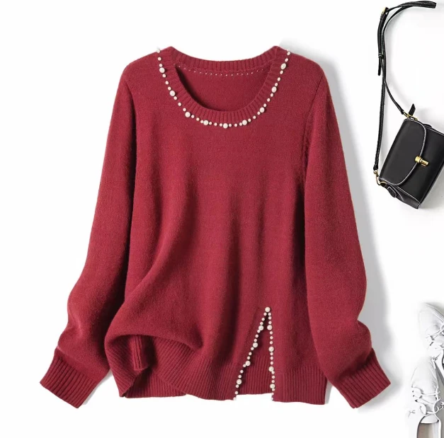 2025秋季新款大码胖mm慵懒风设计感宽松钉珠开叉针织衫上衣女769