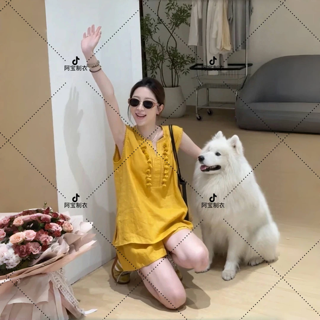运费险6小时飞3885#专柜品质亚麻极简无袖上衣搭配短裤套装