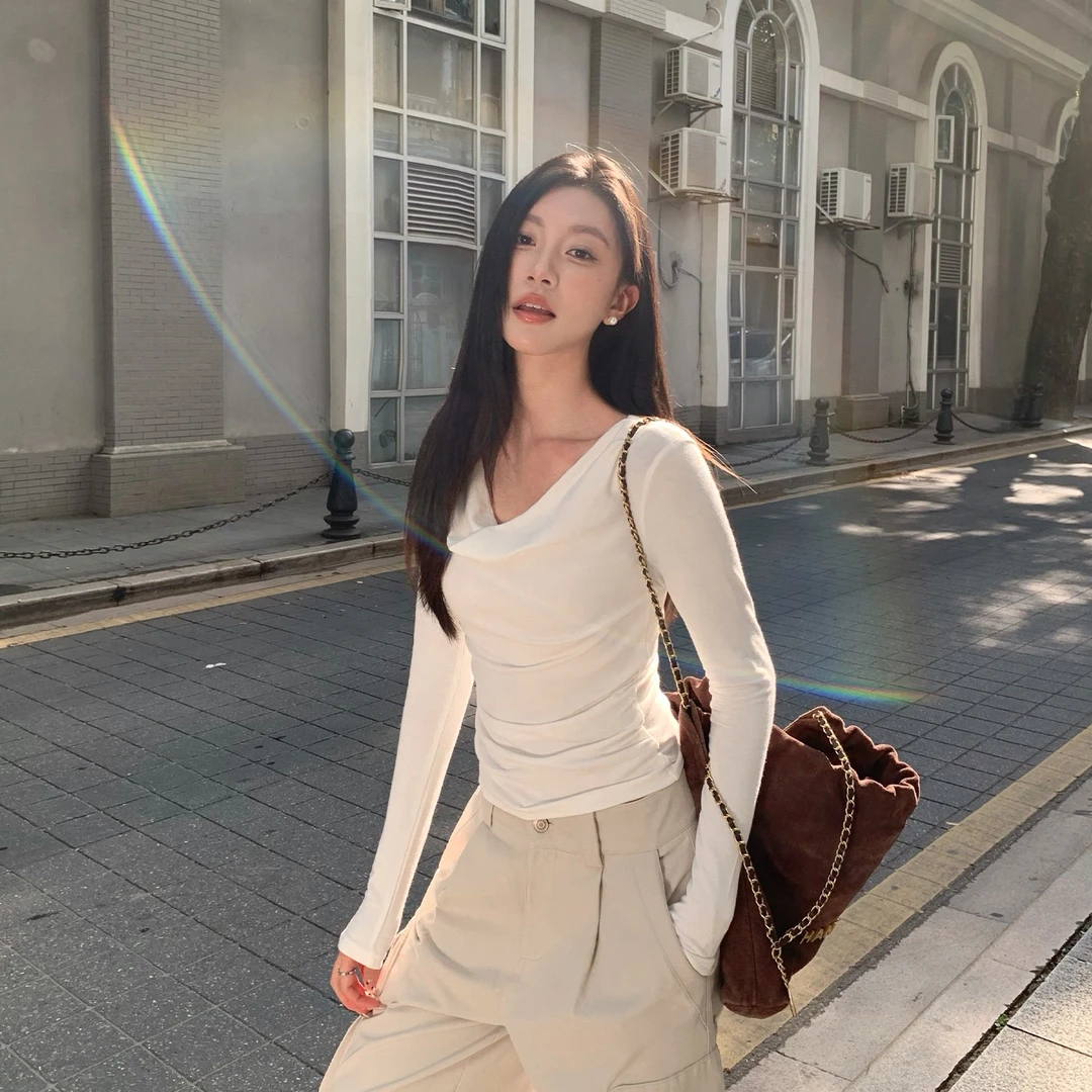 纯欲风白色荡领衫女2026新款春秋气质收腰修身长袖T恤设计感上衣