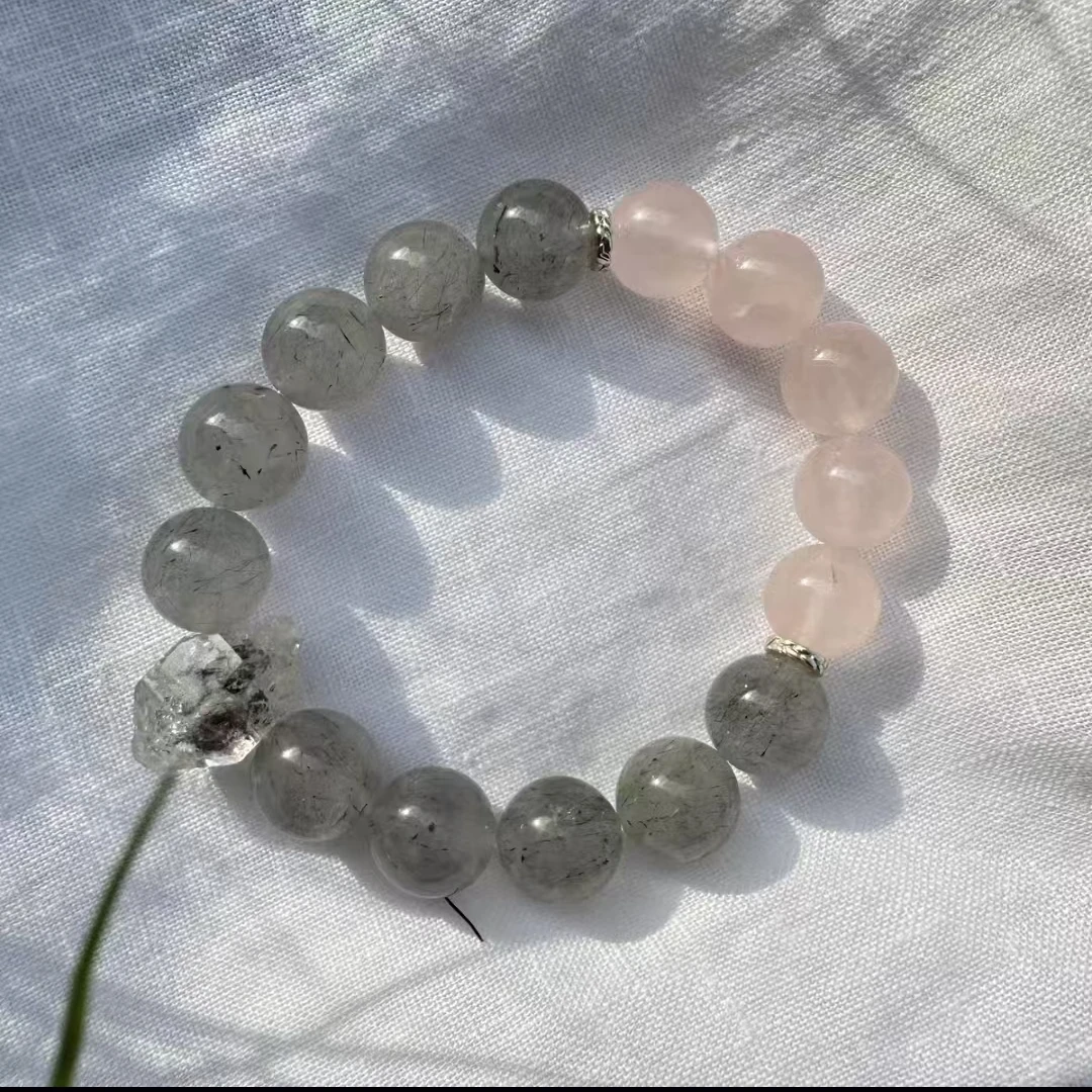 曦光里【远古高频】源源不断的好运 随型超七铅笔灰发晶+闪灵钻水晶