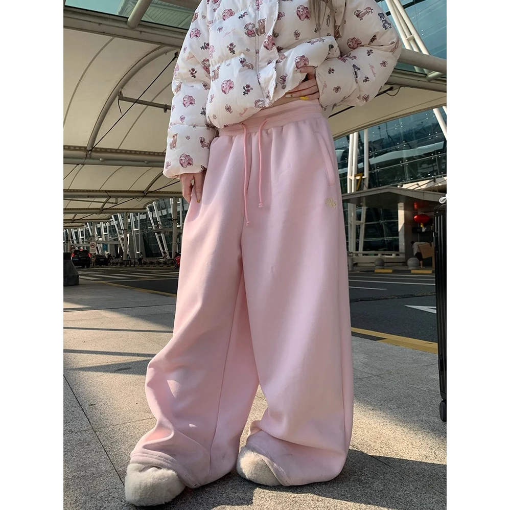 美式复古简约粉色爵士舞阔腿抽绳卫裤女春秋宽松休闲百搭拖地长裤