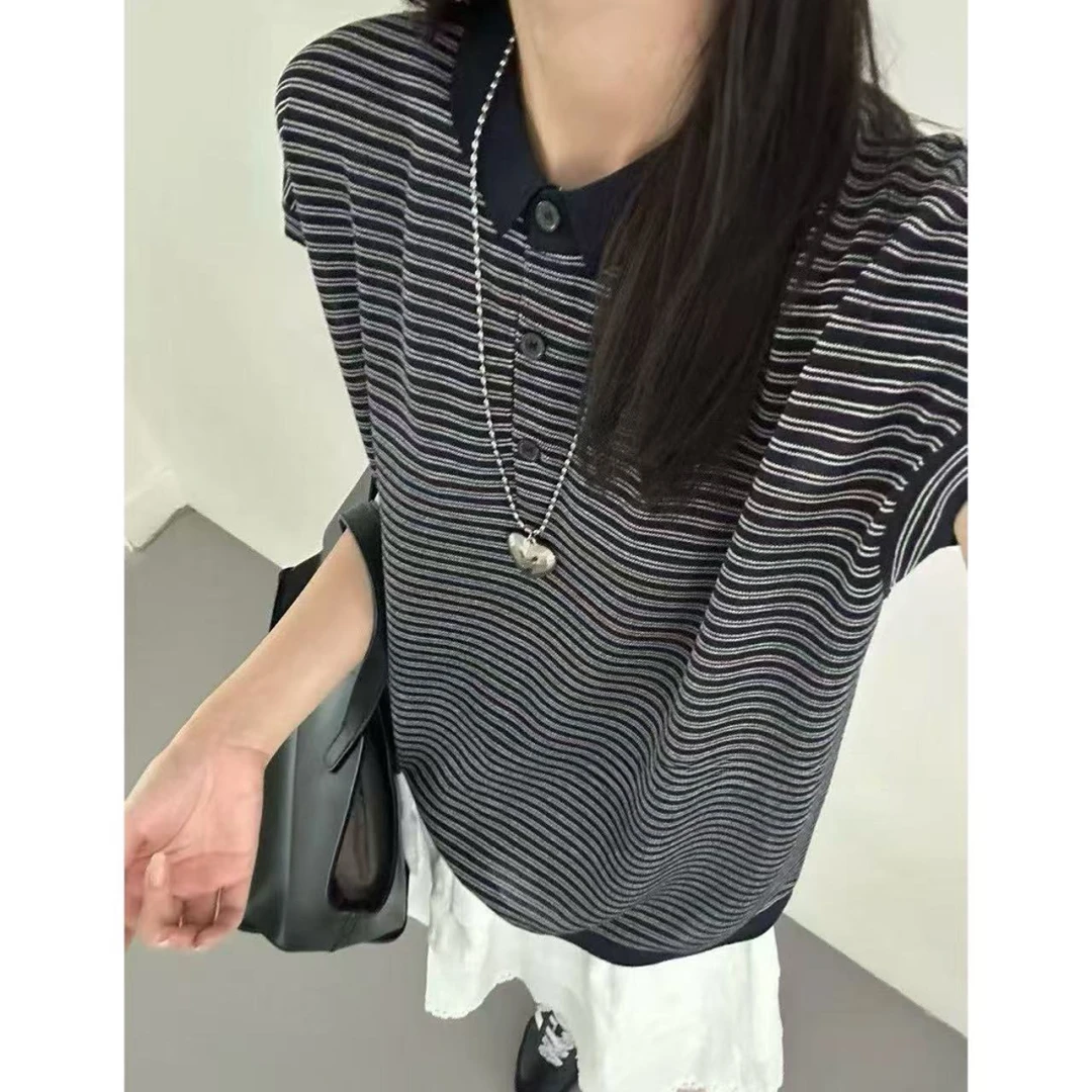 丽丽家~细条纹时尚休闲百搭夏季宽松黑白假两件短袖