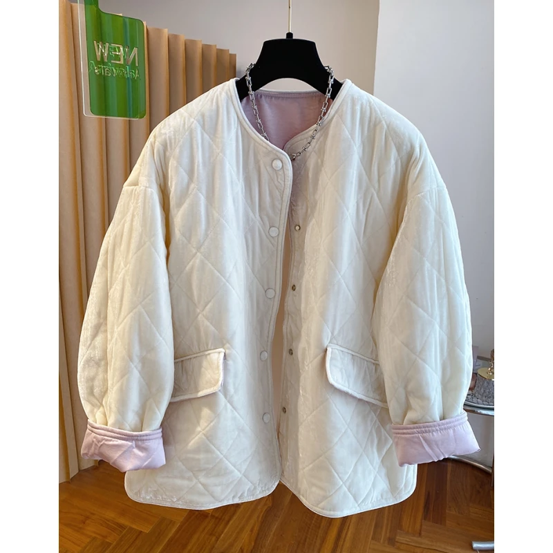 高级感棉服女款2025新款冬季宽松休闲无领超好看保暖夹棉外套上衣