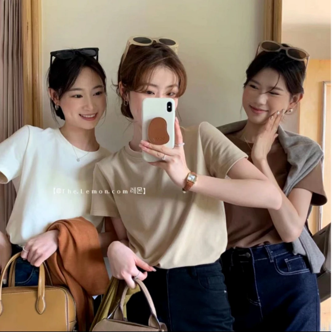 正肩短袖t恤女夏2025年新款白色圆领内搭夏季纯色百搭打底衫上衣