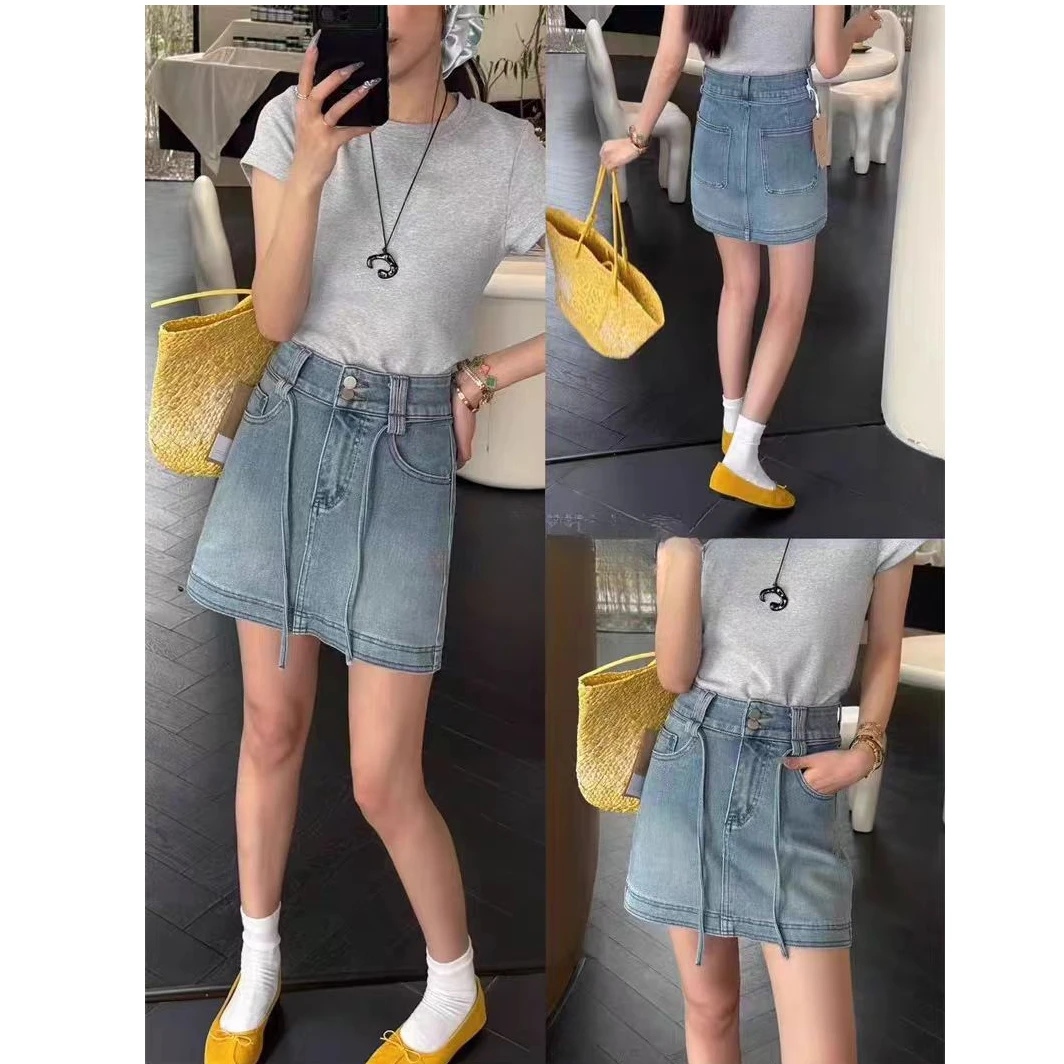 新款韩系高腰飘带牛仔短裙9329
