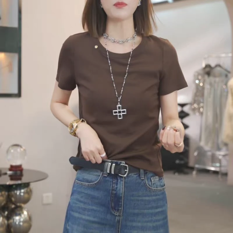 修身显瘦高级感上衣夏季薄款胖MM大码女装简约圆领正肩短袖T恤女