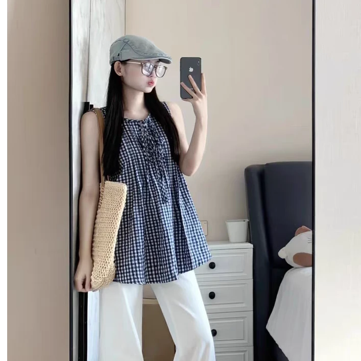 复古韩系蓝白格子背心无袖上衣女设计感宽松显瘦系带衬衫小衫夏季