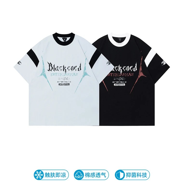 #OVDY国朝新款短袖凉感抑菌拼接宽松圆领休闲男女运动百搭潮流t恤