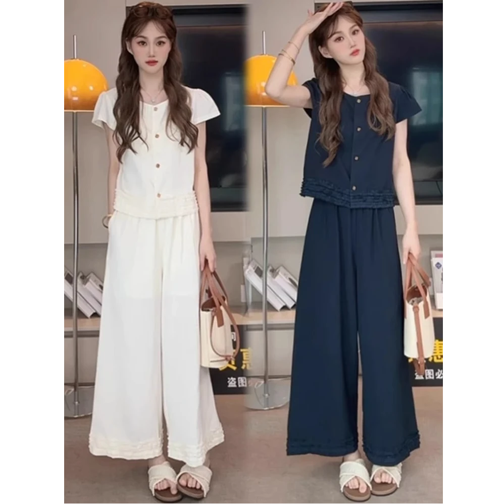 时尚套装女2025夏季新款时髦洋气花边短袖上衣阔腿裤老钱风两件套