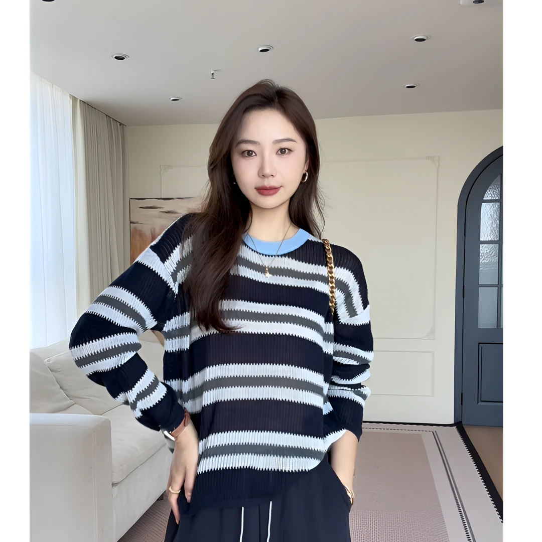 【余欢欢】早秋时尚复古撞色条纹圆领针织衫 -YHW50669