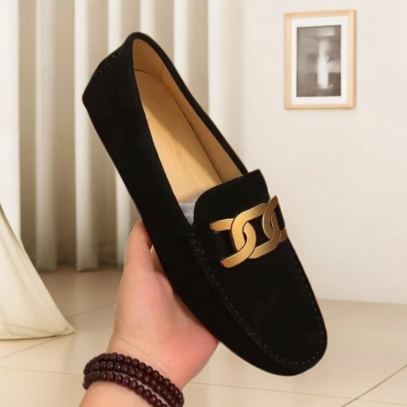 高端磨砂牛皮豆豆鞋黑色百搭夏季潮流男士皮鞋时尚休闲一脚蹬驾车