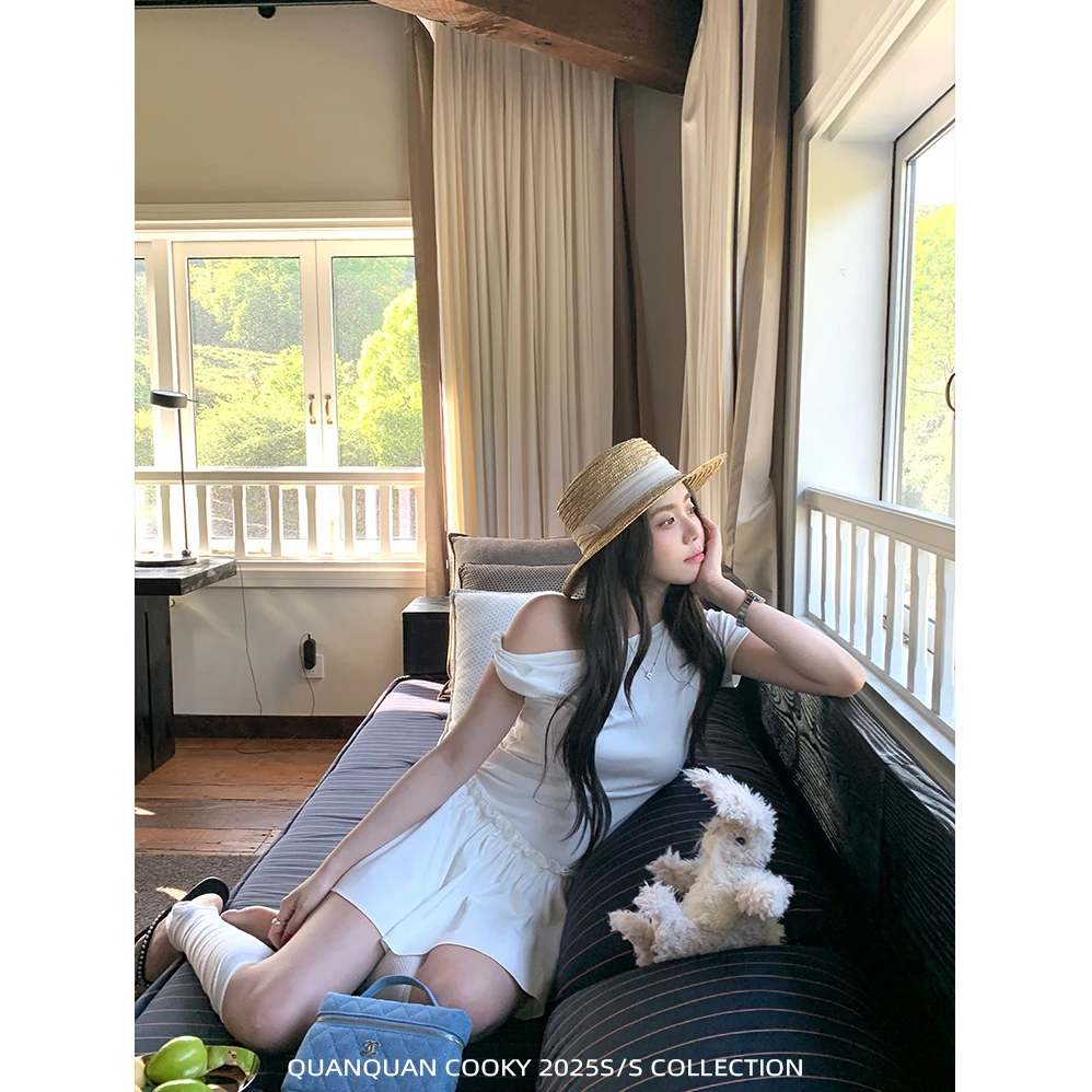 6-8运补 天菜比例 韩系高级感露肩修身连衣裙显瘦蓬蓬花苞短裙