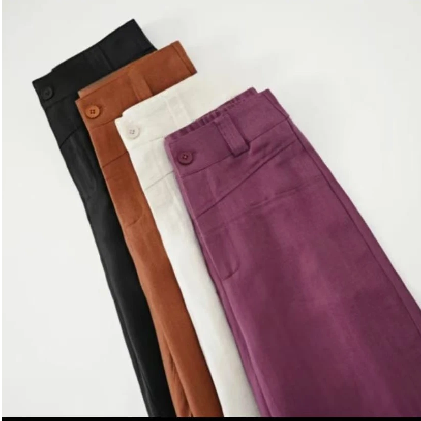 2259【乌梅紫】夏季新款桑蚕 丝亚麻休闲阔腿高腰百搭显瘦直筒裤