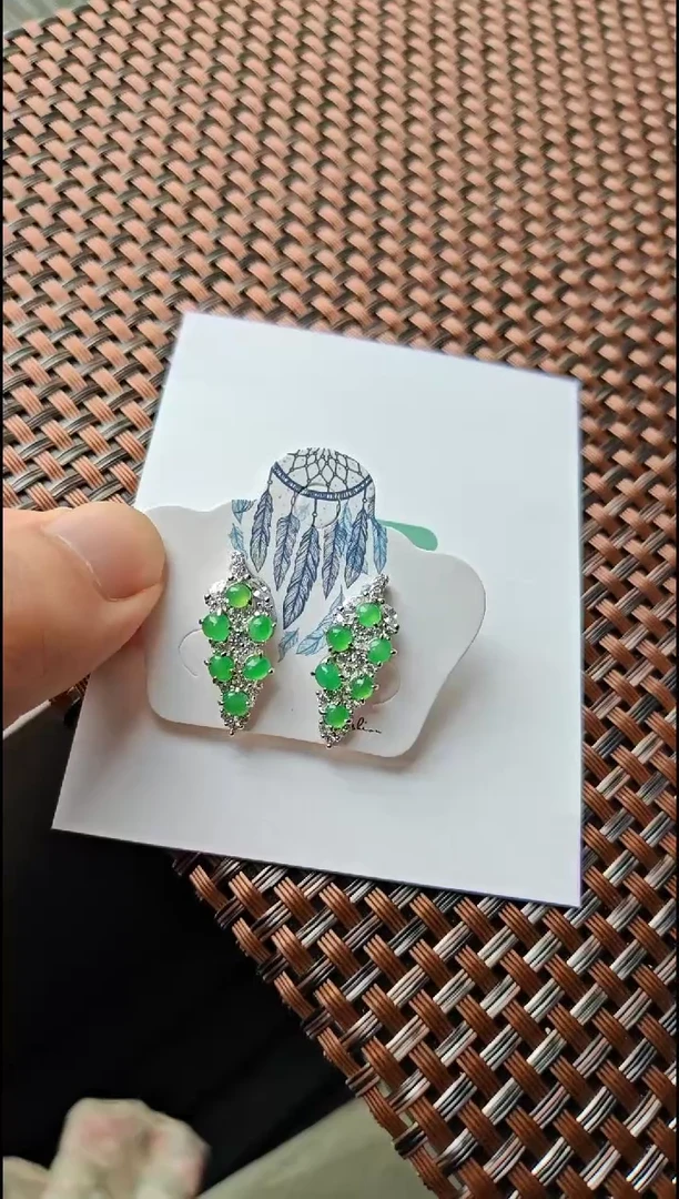 【闪购商品】翡翠耳饰银S925镶嵌翡翠耳饰S925银镶嵌