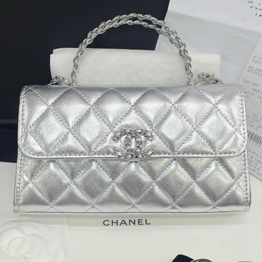 99新 Chanel/香奈儿 25s银色手柄Kelly 手提斜挎包/7QH38352