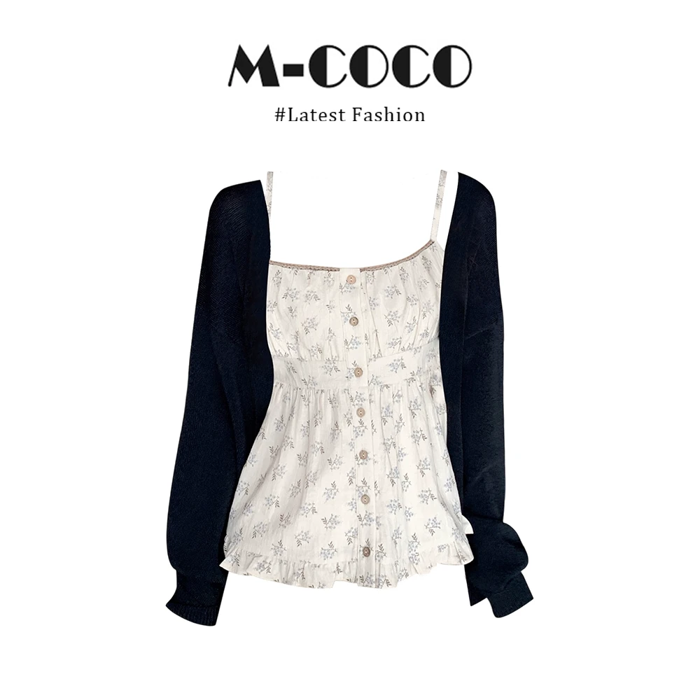 MARIE.COCO森系甜美风减龄碎花抹胸吊带背心上衣外搭针织开衫套装