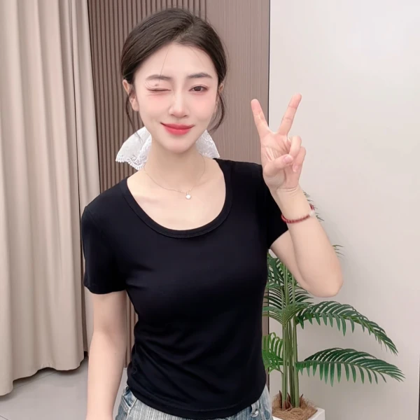 【年中大促】短袖T恤女夏季百搭小个子设计感U领白色上衣修身半袖