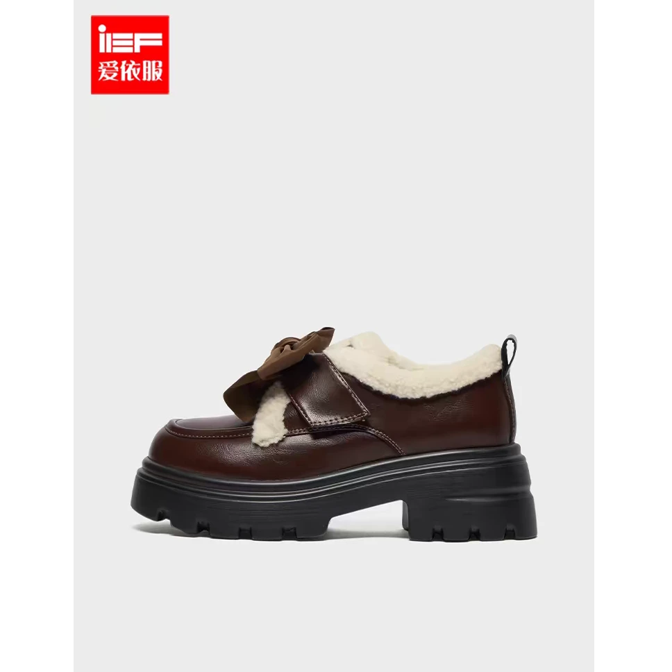 IEF/爱依服洋气单鞋2025秋冬新款加绒保暖通勤百搭圆头平底乐福鞋