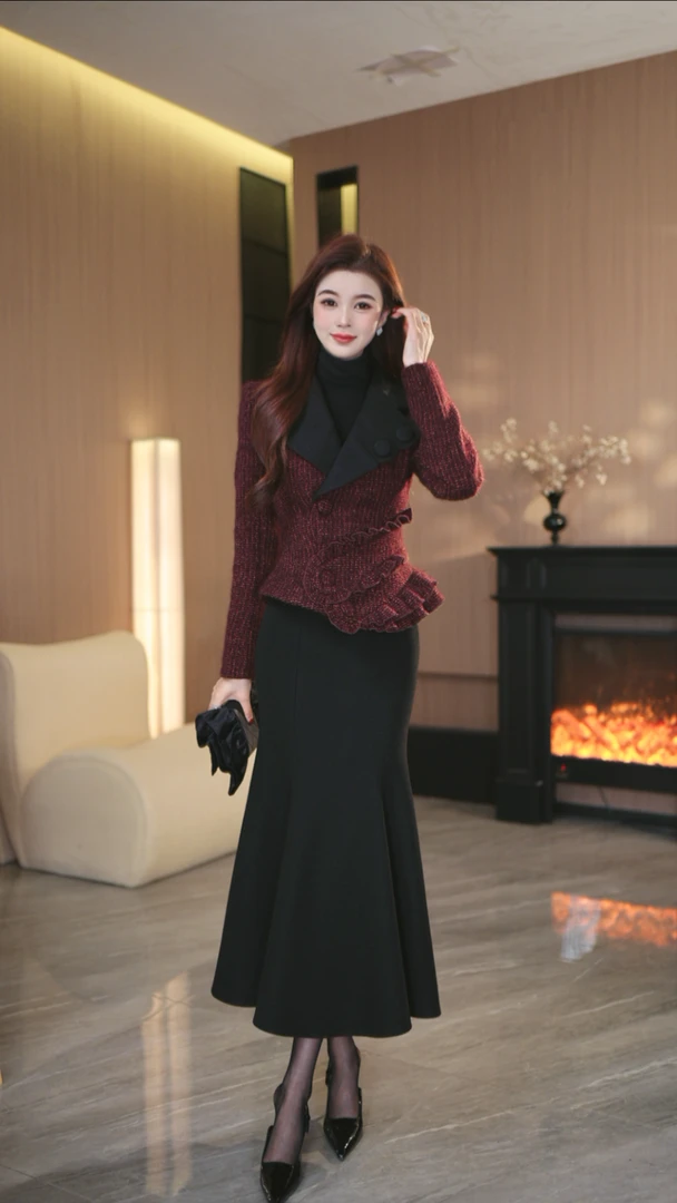 罗曼定制 高定原创红色收腰时尚西装领上衣+鱼尾半身裙套装女冬季