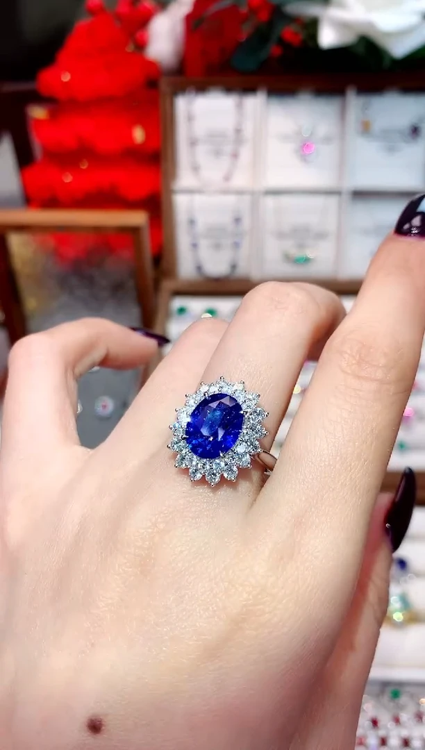 戒指蓝宝石18K金镶嵌4.16ct/天然宝石/七天无理由