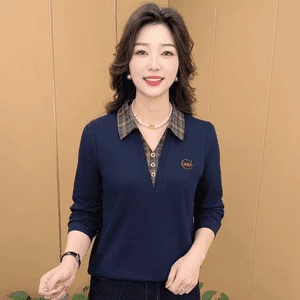 秋季新款时尚翻领假两件洋气气质妈妈装休闲减龄显瘦长袖上衣K