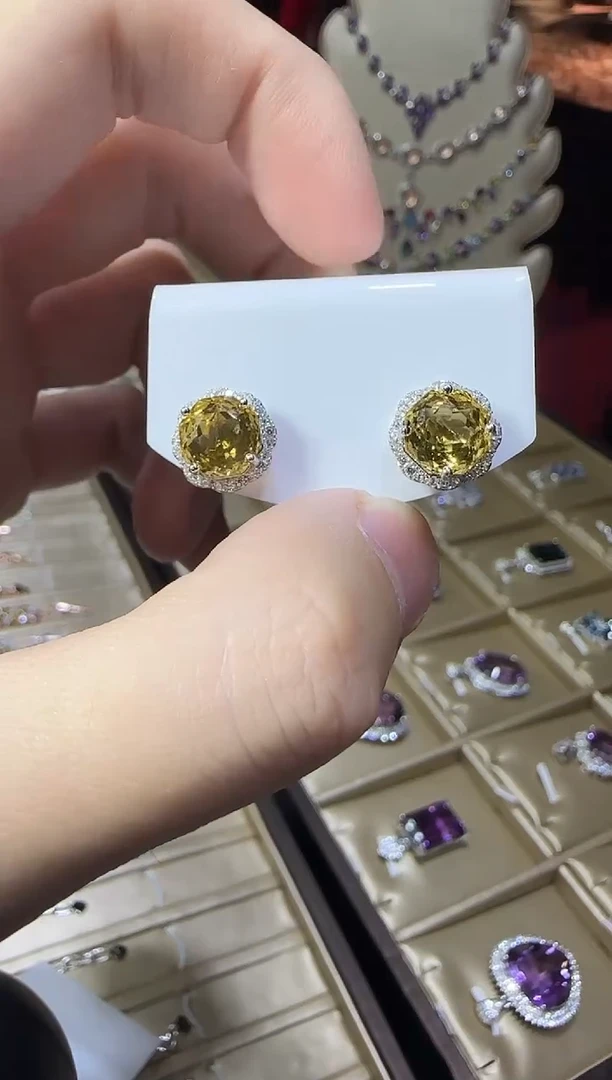 银S925镶嵌耳饰黄晶10mm耳钉