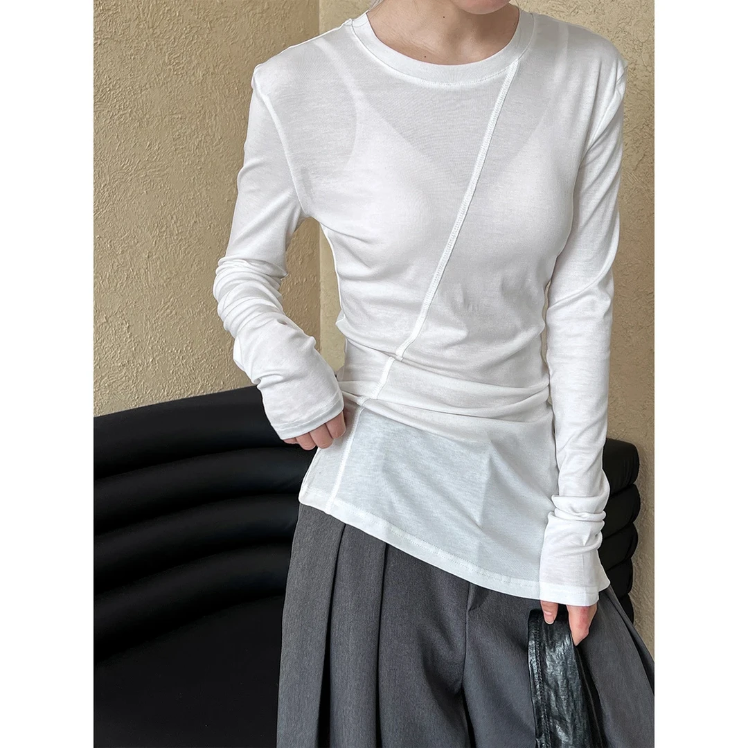 2025新款秋季水光肌纯色时尚不规则设计感t恤打底衫上衣