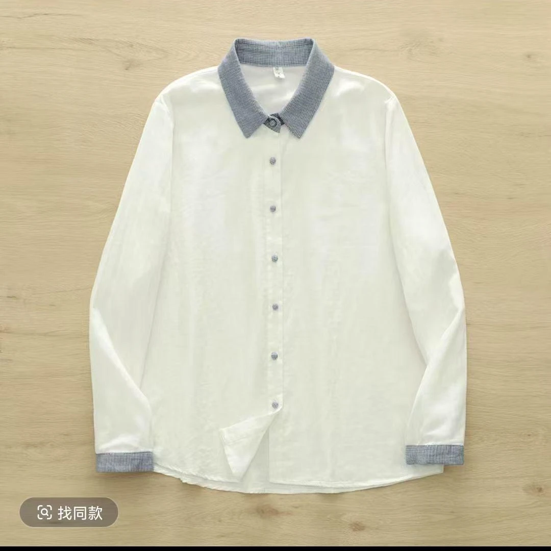 FF3037女士轻奢翻领衬衫简约格子文艺风春款长袖