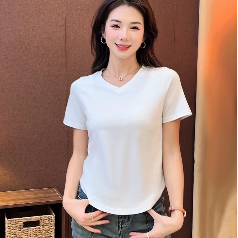 正肩V领慵懒显瘦上衣少女心白色短袖女藏肉宽松弧形下摆纯欲风T恤