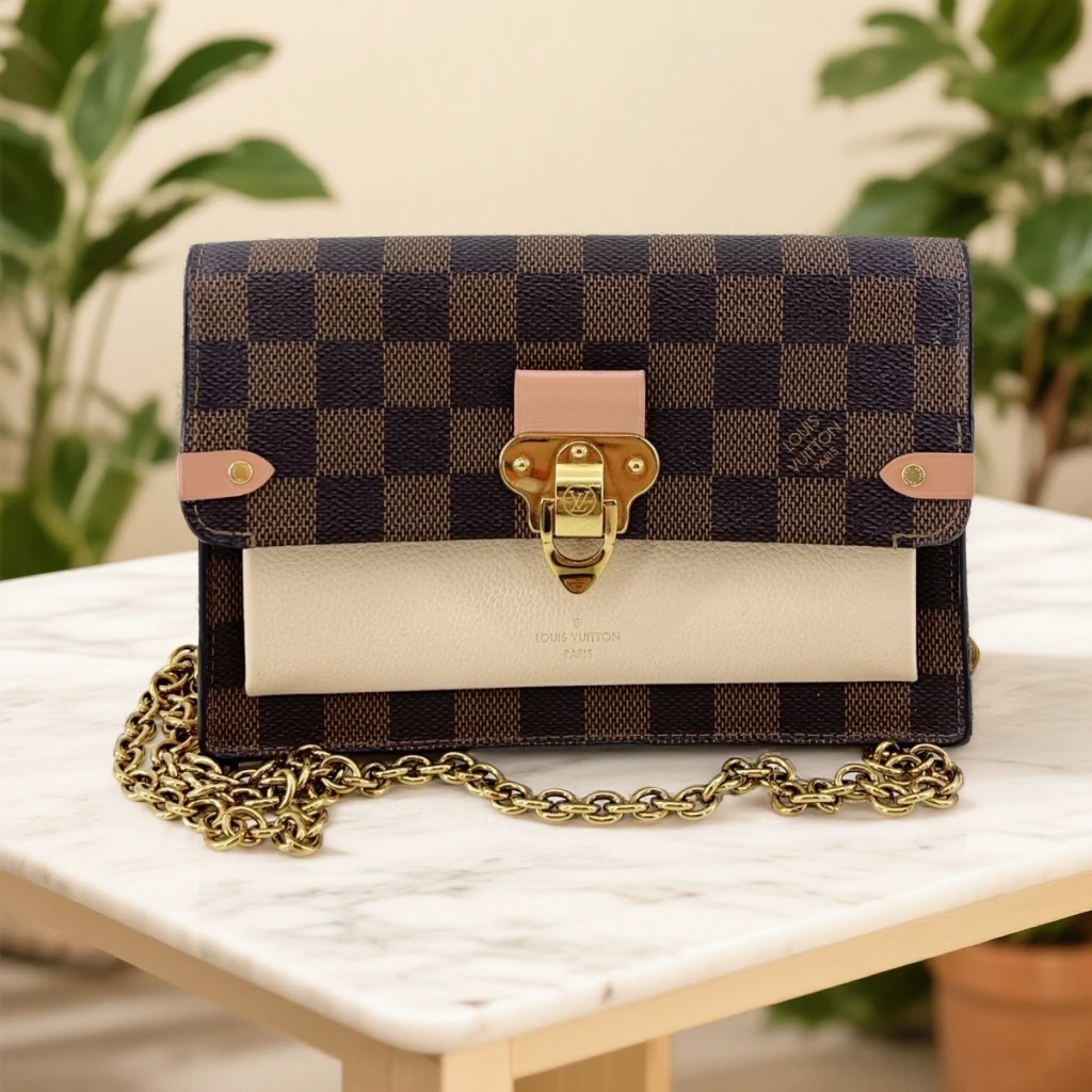 95新 LouisVuitton/路易威登 棕棋盘格拼裸粉色链条包 1670 6503