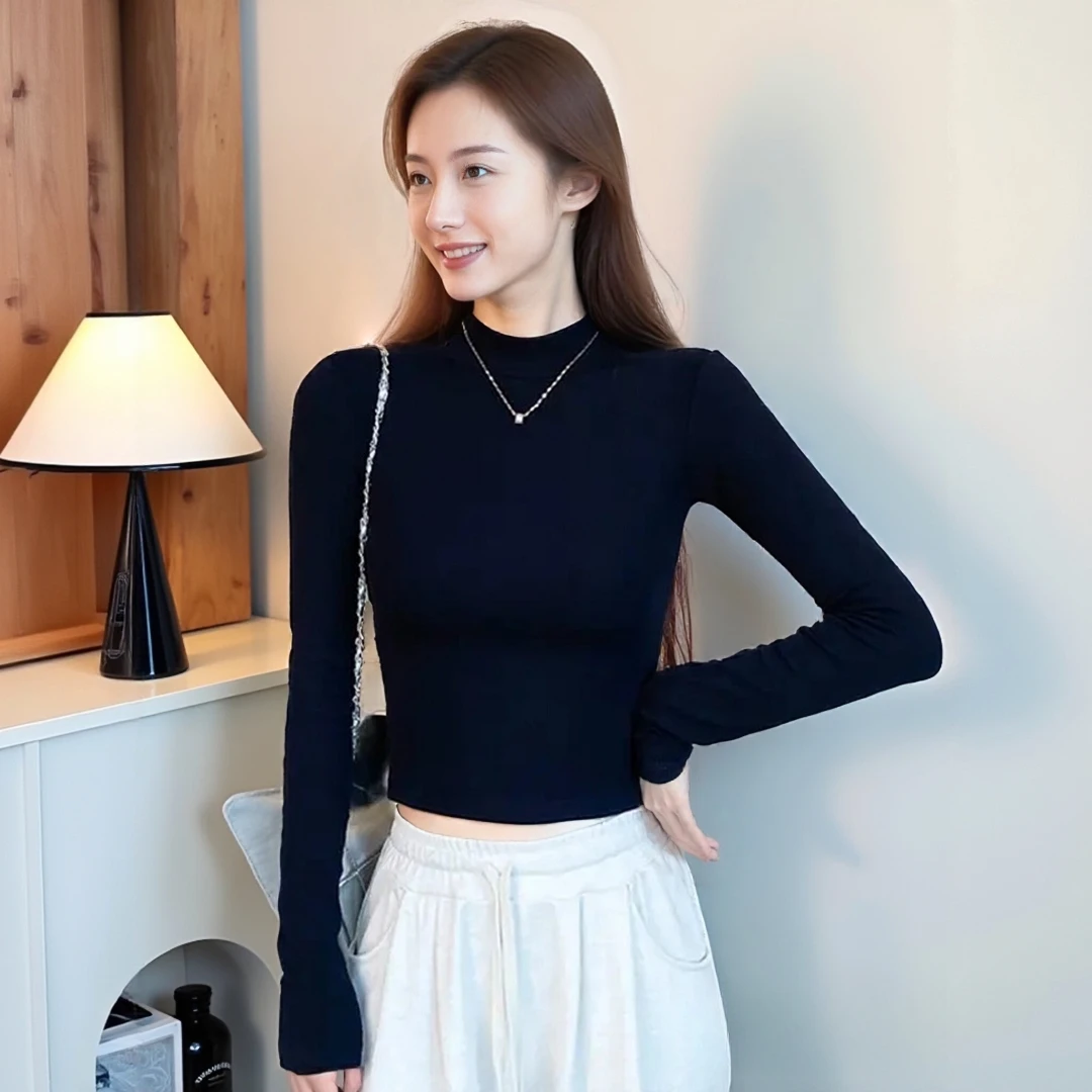 秋冬黑色双面绒半高领加绒加厚打底衫长袖女显瘦修身短款上衣洋气