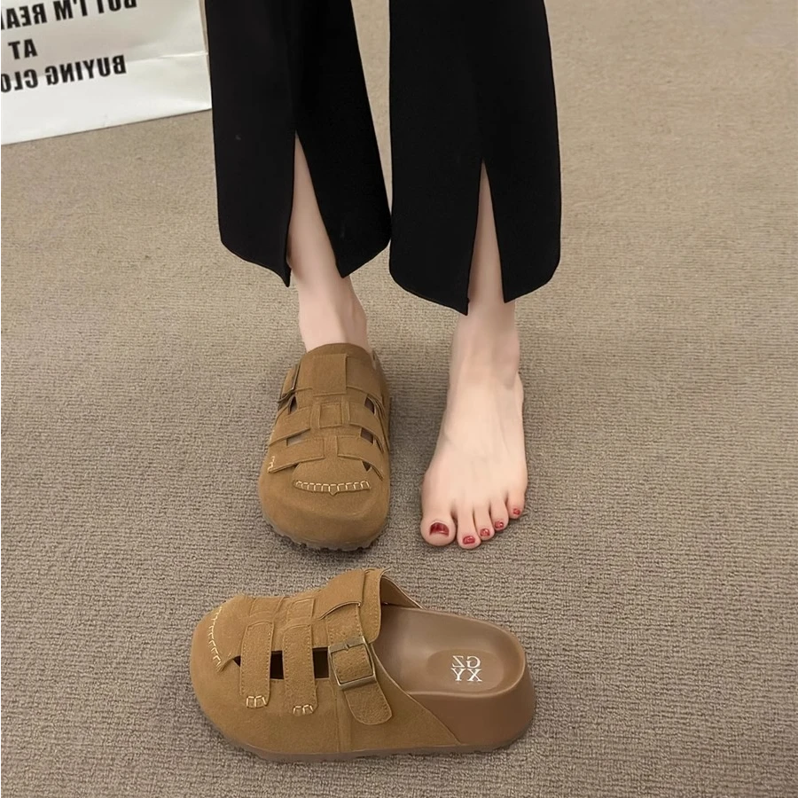 包头勃肯鞋女2025新款复古休闲百搭懒人一脚蹬大头丑萌镂空半拖鞋