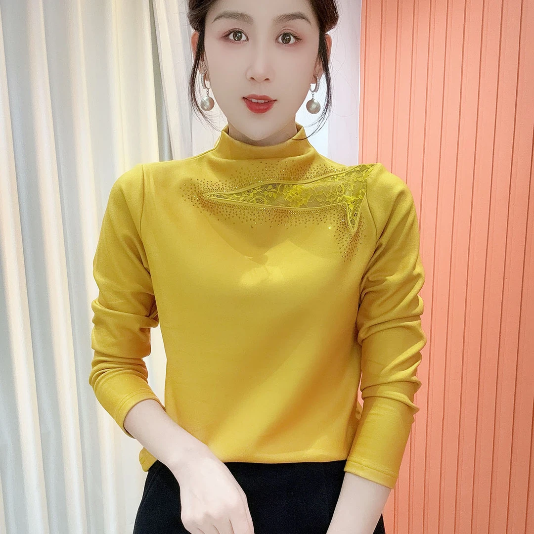 2025冬季新款半高领蕾丝烫钻气质百搭长袖加绒打底衫上衣女819