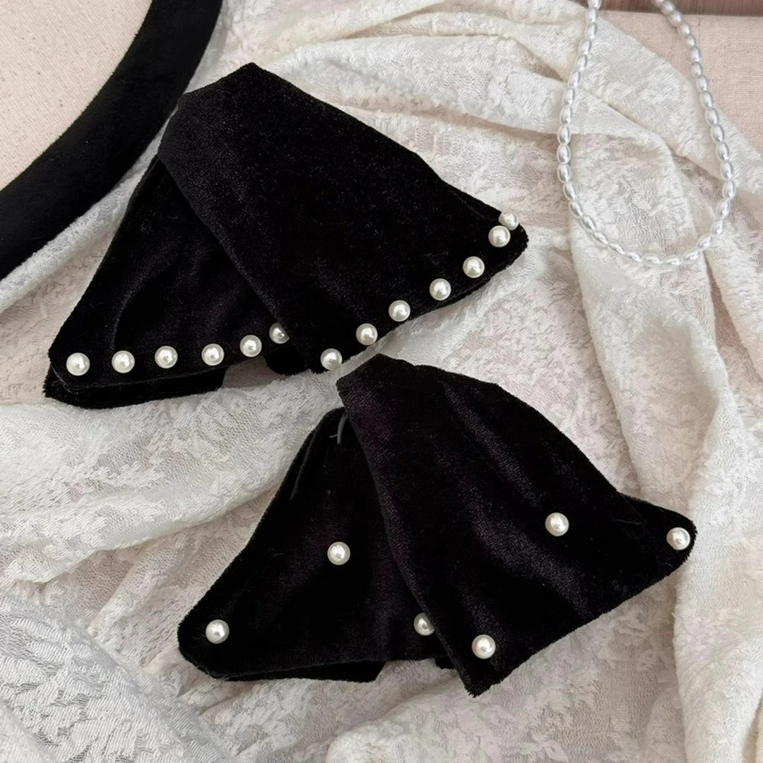 秋冬丝绒黑色质感珍珠三角抓夹气质珍珠女生后脑勺饱满半抓夹发饰