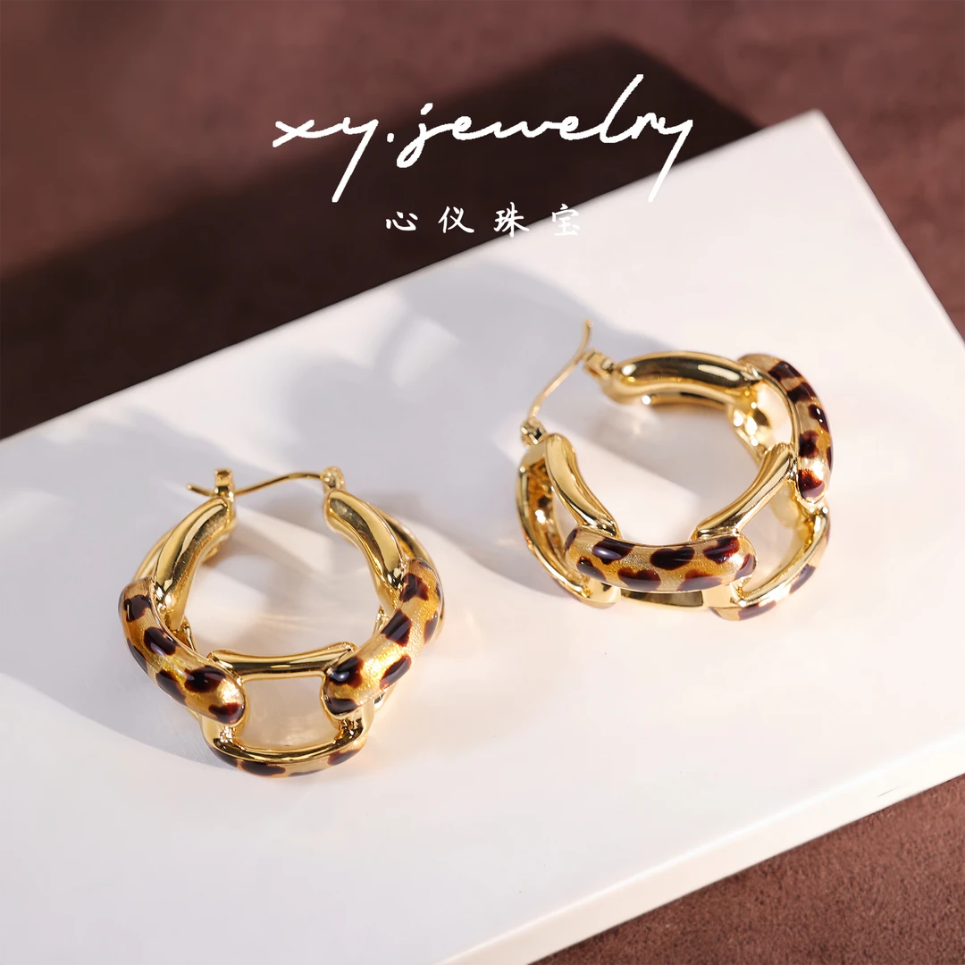 【心仪珠宝】18k金意大利珐琅彩豹纹链条耳圈/复古/轻奢/多退少补