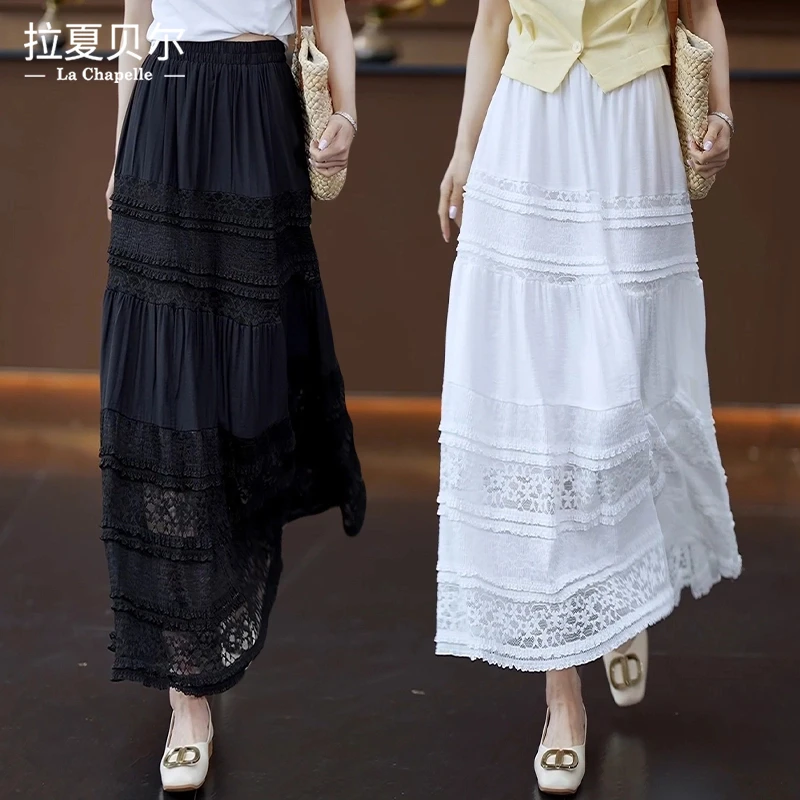 拉夏贝尔高腰黑白两色半身裙女夏25新款温柔高级感拼接蕾丝蛋糕裙