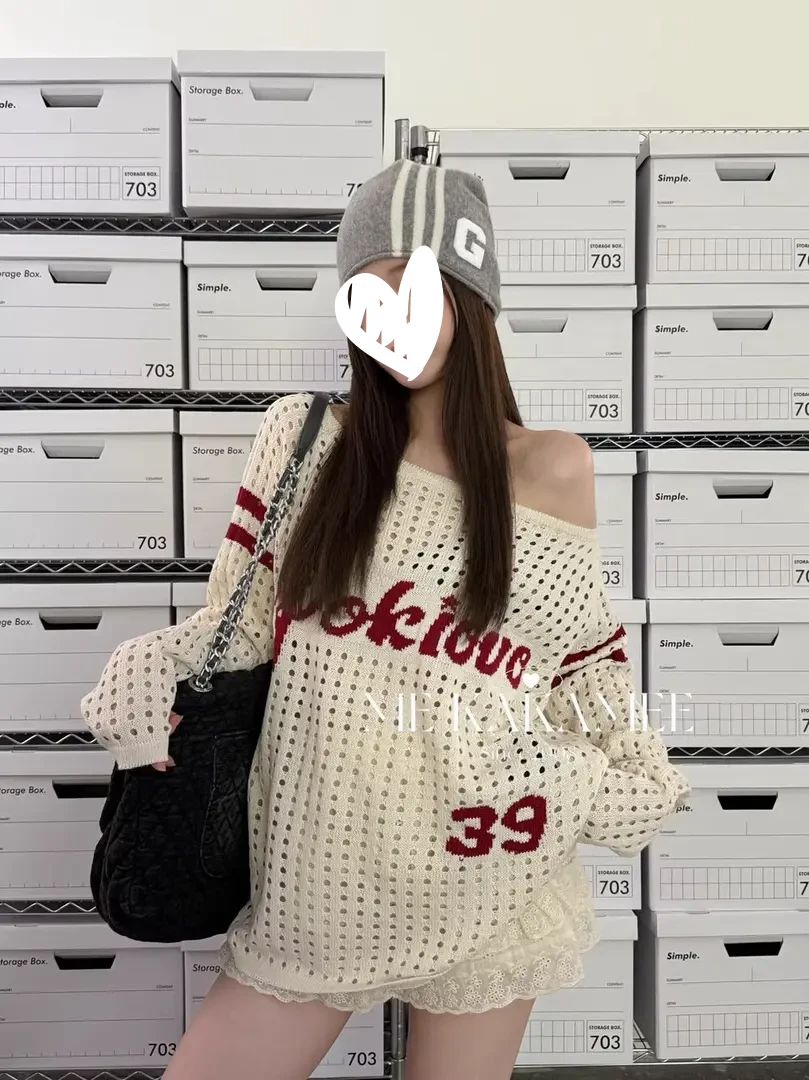 A美式复古字母镂空长袖针织衫女初秋韩系辣妹宽松显瘦短袖上衣