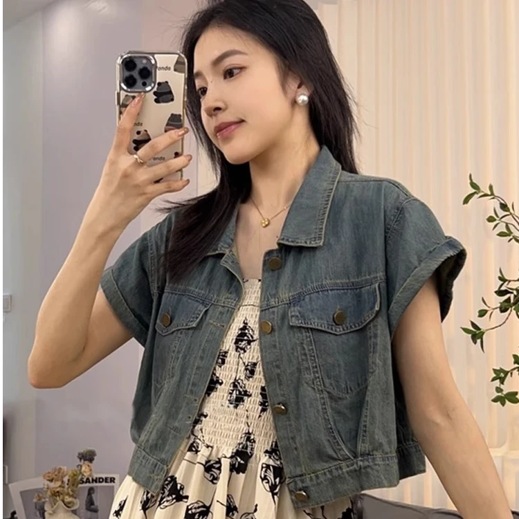 复古牛仔马甲正肩外套女夏季薄款2025新款设计感外搭短款上衣夹克