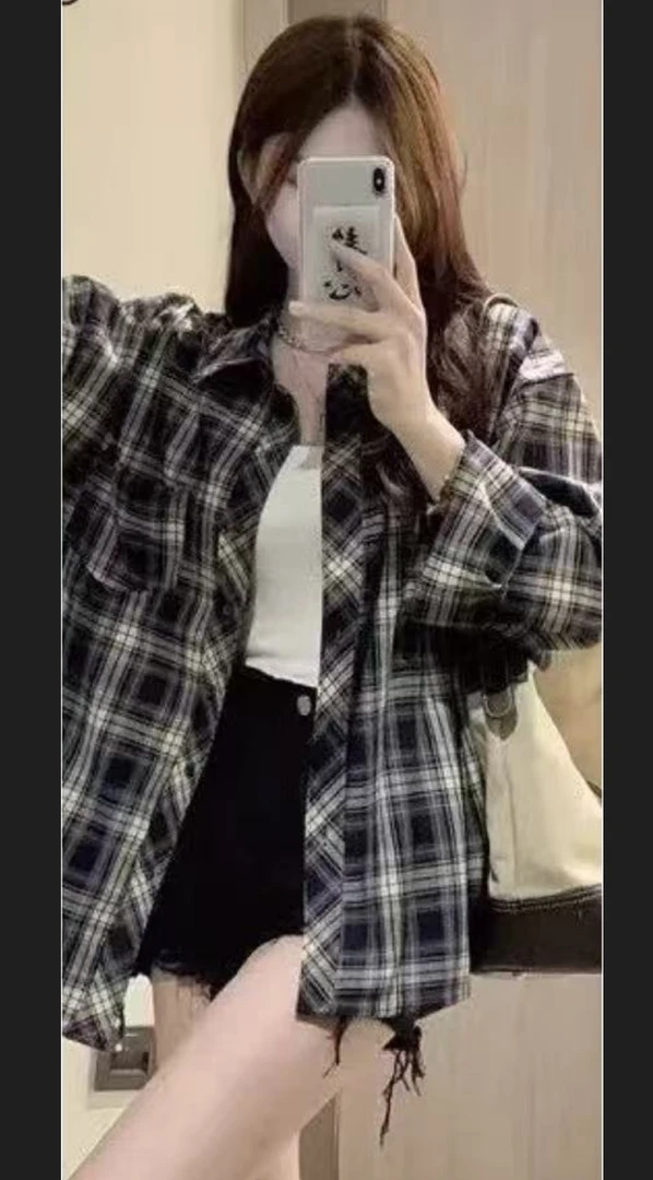 春季新款大码宽松休闲格子长袖衬衣