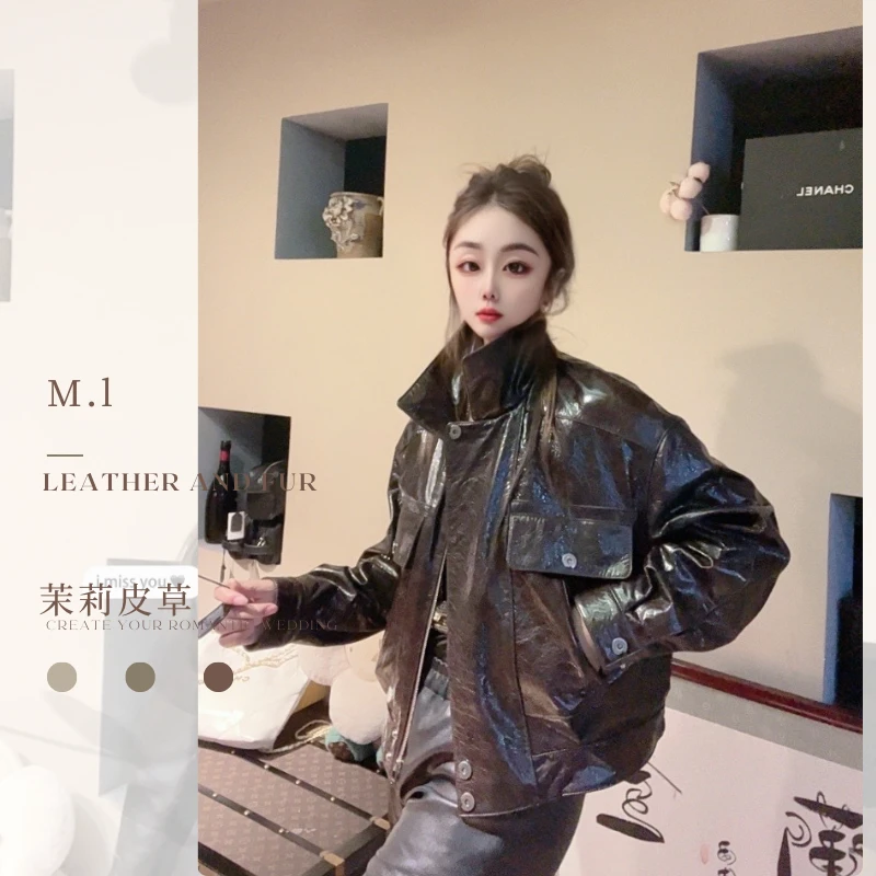 新款早春真皮油蜡绵羊皮短款宽松休闲女款皮衣潮流外套