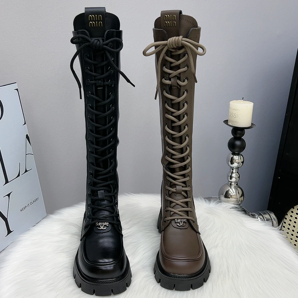 2025秋冬新款不过膝长筒靴女厚底百搭系带时尚显瘦骑士靴瘦瘦高靴