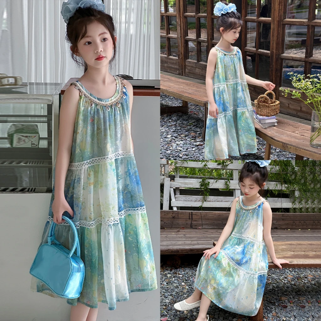 女童夏季连衣裙2025新款波西米亚背心裙中大童度假无袖雪纺沙滩裙