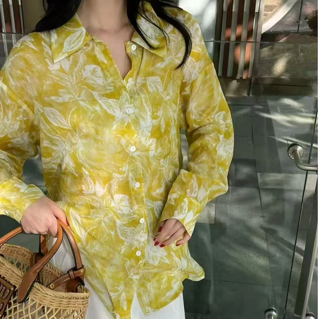 深圳南油高端女装25夏季新款防嗮苎麻彩色度假风衬衣