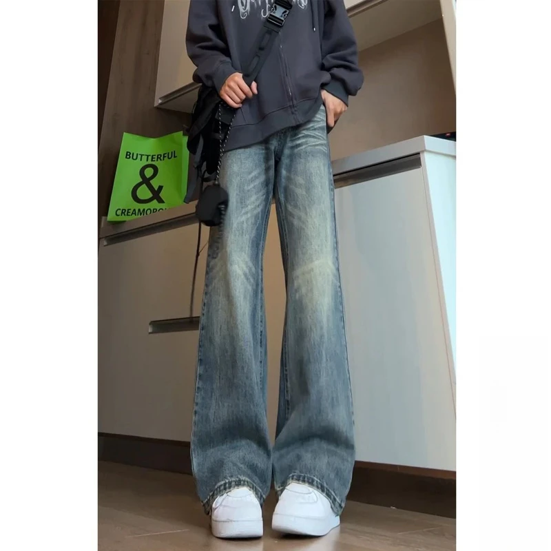 美式复古蓝弯刀牛仔裤男春秋款宽松微喇裤高街cleanfit高腰直筒裤