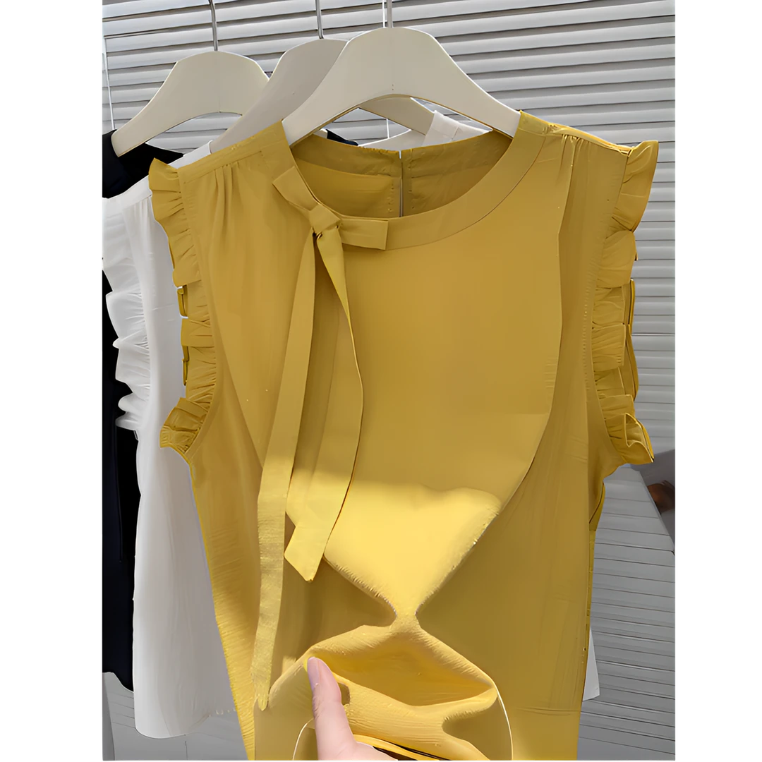 圆领蝴蝶结木耳边飞飞袖衬衫女2025夏季新款时尚百搭显瘦小衫上衣