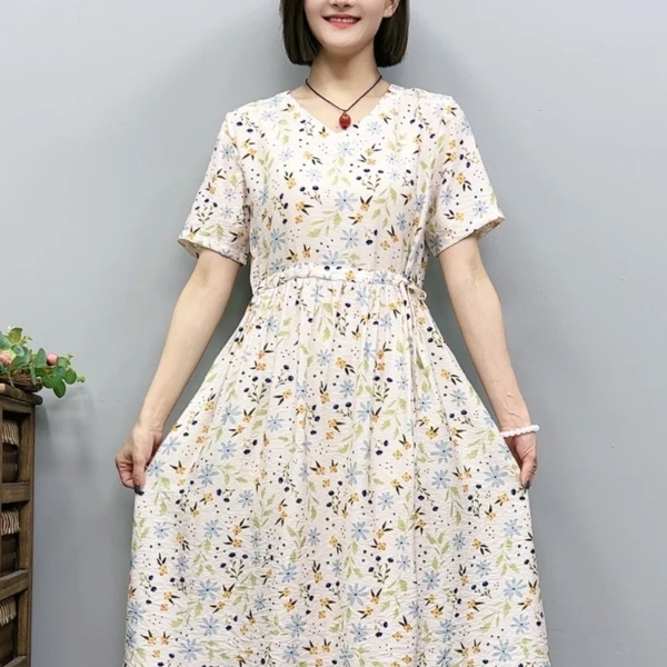 135#兰花草*优雅洋气遮肚长款大摆时尚收腰气质碎花连衣裙