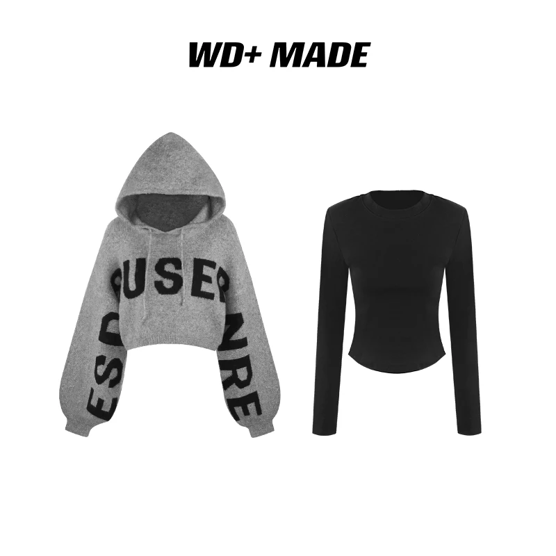 美式复古字母设计连帽卫衣+打底衫两件套套装