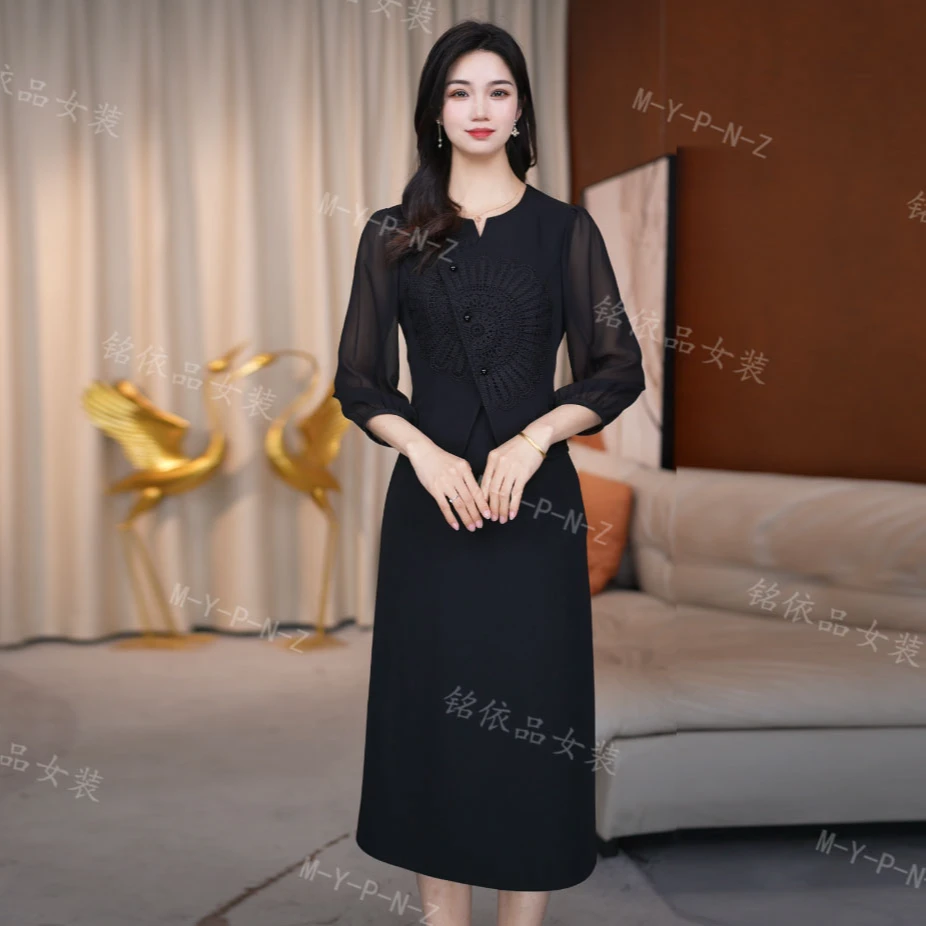 连衣裙气质长袖黑色显瘦春季法式拼接显瘦气质连衣裙黑色春夏