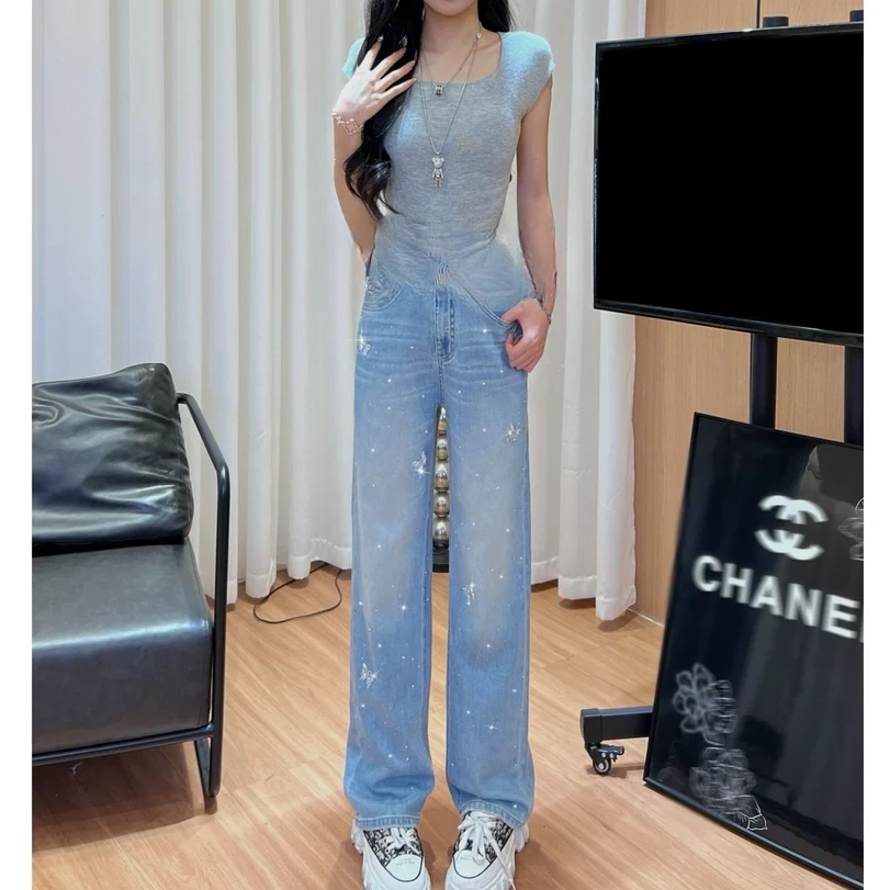 【夏夜星辰】夏季新款清凉感烫钻牛仔裤蝴蝶中高腰窄版直筒拖地裤子
